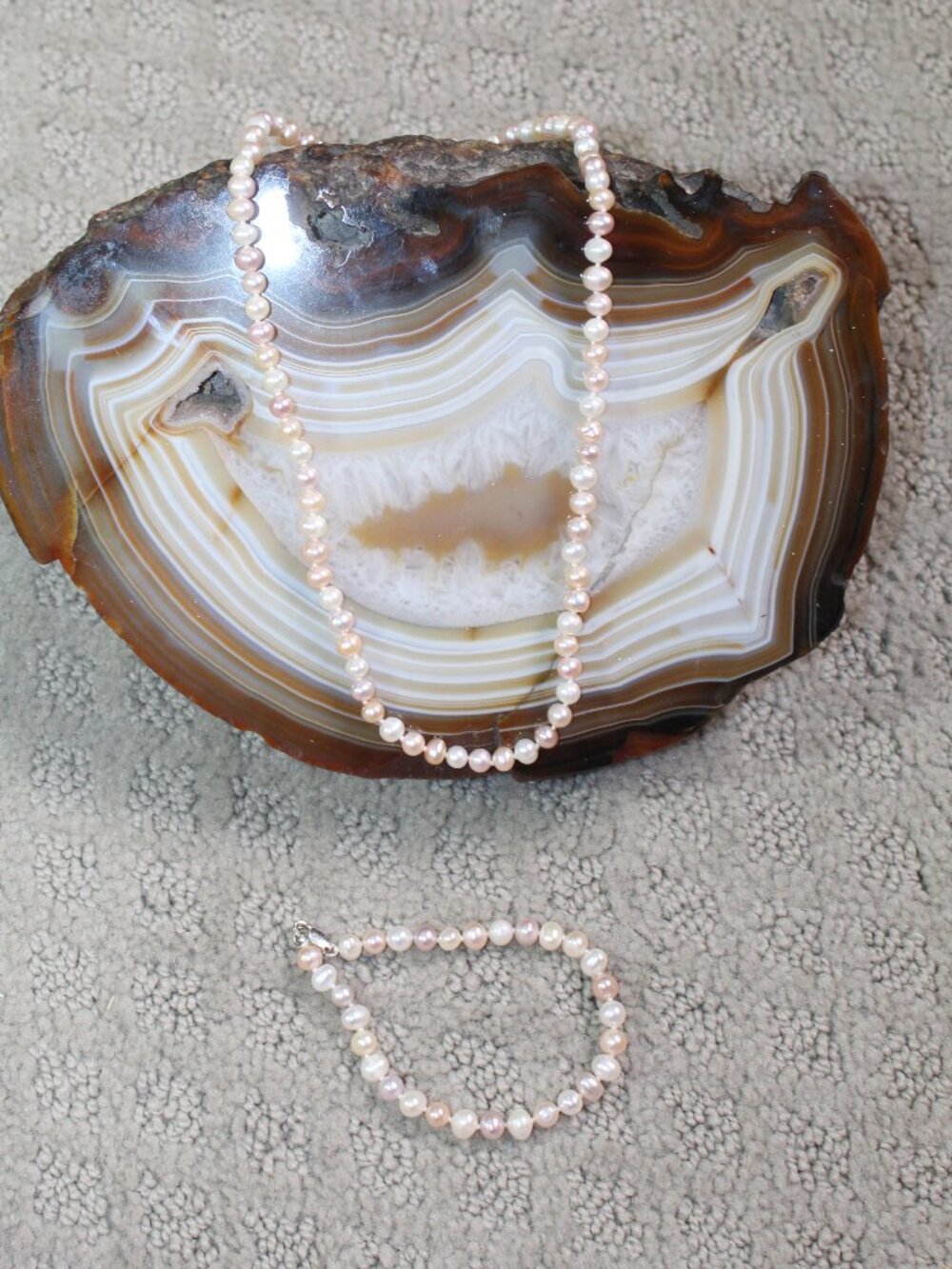 Set of Cream & Pale Pink 3mm Freshwater Pearl 17" Necklace and 7.5" Bracelet